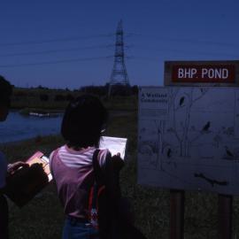 Looking at an information sign - Hunter Wetlands Centre, Shortland