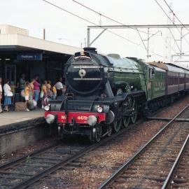 Former London & North Eastern Railway (LNER) Class A3 Locomotive 4472 'Flying Scotsman' taking on passengers at Broadmeadow Station, Broadmeadow, NSW