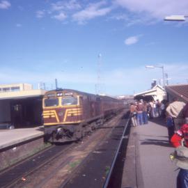 State Rail Authority 442-Class Locomotive 44228 'Brew' with a passenger at Broadmeadow, NSW, July 1978.