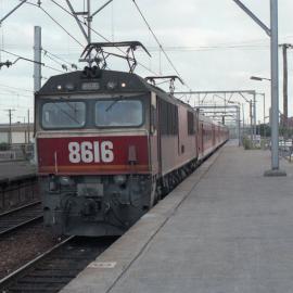 State Rail Authority 86-Class Locomotive 8615 pulls into Broadmeadow, NSW with the up morning Newcastle Flyer (1985-1986).