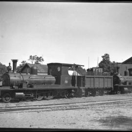 M.C. Davies 2-6-2 logging locomotives, no. 57 and "Coates", unidentified location, date unknown.