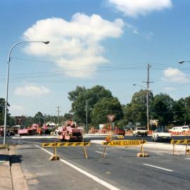 Road works near Esso service station, Kurri Kurri, NSW, March 1991