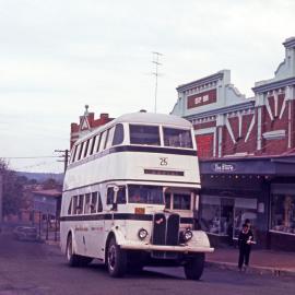 Johnson's Bus Service AEC Regal DD 628 privately built in a main street, in West Wallsend, NSW, 25 May 1970
