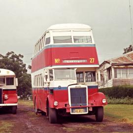 Kurri Kurri AEC Regal III MO-3575 (x DOI Canberra), Leyland OPD1-1 MO-4819 (x DRT&T 1834), depot yard, Kurri Kurri, NSW, 28 March 1971