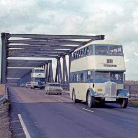 Raymond Terrace Bus AEC Regent IIIs 5762 (x 2415), MO-001 (x 2283), South Arm Hunter River towards Kooragang Island, Newcastle, NSW, 4 March 1972