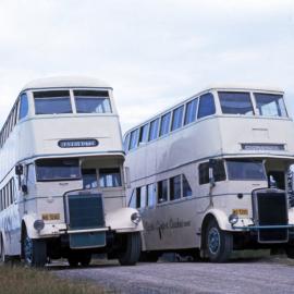 Eggins Taree Leyland OPD2-1s MO-3242 (x DRT&T 2327), MO-5205 (xDRT&T 2069), Tour, at Harrington, NSW, 23 February 1974