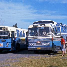 Personality Tours Merc Coach TV-592, PTC Leyland Leopard 3665 (tour), Blue Ribbon Coaches Hino 5907, Oak Dairy Restaurant, Peat's Ridge, NSW, 24 May 1975