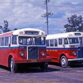 Rover Motors AEC Regal MO-4294 (11), AEC Regal IV MO-4383 (19) (x DOI Canberra), depot yard, Kurri Kurri, NSW, 19 October 1975
