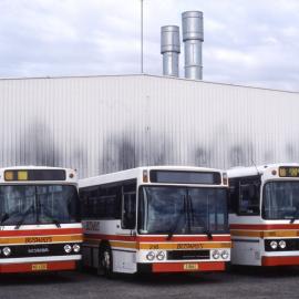 Busways Scania K92 MO-1200, Mercedes O405 8661, Scania K92 MO-1198, depot yard, Charmhaven, NSW, 16 August 2003