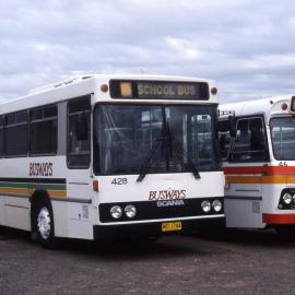Busways Scania K93 MO-1744, Volvo B58-56 4289, depot yard, Charmhaven, NSW, 16 August 2003