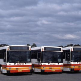 Mercedes O405s Busways MO-4336 (441), MO-4337 (442), MO-4262 (348), depot yard, Charmhaven, NSW, 16 August 2003