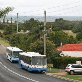 STA Mercedes O405, 3405, Volvo B10BLE 3877, Beach Road, Redhead, NSW, 16 November 2013