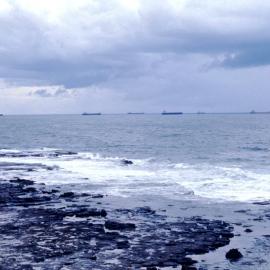 Seven bulk carrier ships moored off coast east of Nobby's Head, Newcastle, NSW, 20 May 1974