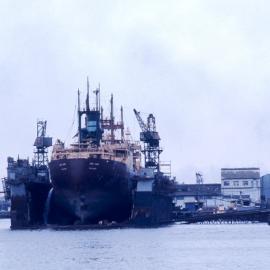BHP Bulk carrier Iron Yampi in dry dock at State Dockyard, Newcastle, NSW, 20 May 1974