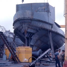 A half of the hull of Lady Wakehurst or Lady Northcott at Carrington Slipways, NSW, 20 May 1974