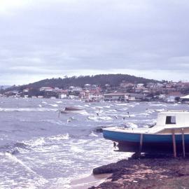 Boats moored at the shoreline on Lake Macquarie, NSW, 24 July 1971