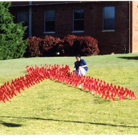 Giant Red Ribbon made by AIDS unit staff; Outside Byrne House; John Hunter Hospital Campus
