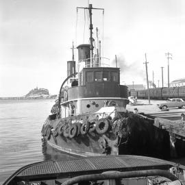 Waratah Tugs Co steam tug Warang moored at wharf, Hunter River, Newcastle, NSW, April 1966