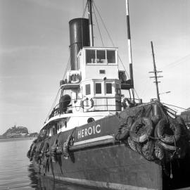Fenwick's steam tug Heroic moored at wharf, Hunter River, Newcastle, NSW, April 1966