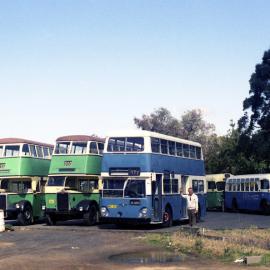 LBG Leyland OPD2-1 2761, Albion 2023, Leyland Atlantean 1003 AEC 2878, service station, Pacific Highway Peats Ridge, NSW, 13 September 1986