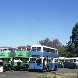 LBG Leyland OPD2-1 2761, Albion 2023, Leyland Atlantean 1003 AEC 2878, R Lewis & others, service station, Pacific Highway Peats Ridge, NSW, 13 September 1986