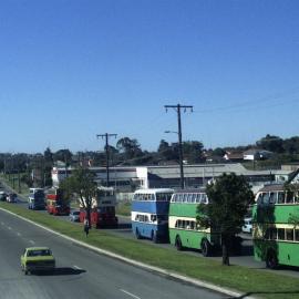 Ley 2761 Albion 2023, Leyland 2730, Hong Kong AEC & 9 other buses, Leyland 003 Newcastle Road, Jesmond, NSW, 19 July 1987