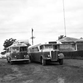 Kurri Kurri Bus Co AEC Regals MO-4429 (22) MO-3625 (12) & DD, depot yard, Kurri Kurri, NSW, 25 May 1970