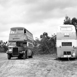 D Wilson, Leyland OPD2-1 unregistered x 2484, unknown owner AEC Regent HBB-091 (x 1650), Pacific Highway near Peats Ridge, NSW, 21 December 1974