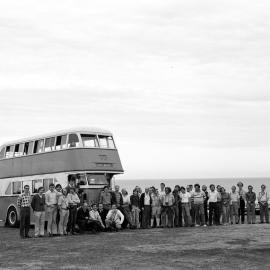 PTC of NSW Leyland OPD2-1 2769 + group near terminus, Caves Beach, NSW, 24 May 1975