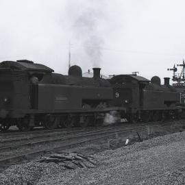 Locomotive No. 10 'Richmond Main' transfers No. 9  'Pelaw Main'  to loco shed after arriving from South Maitland Railways, Richmond Vale Railway, 9 February 1973