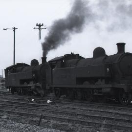 Locomotive No. 10 'Richmond Main' transfers No. 9  'Pelaw Main'  to loco shed after arriving from South Maitland Railways, Richmond Vale Railway, 9 February 1973