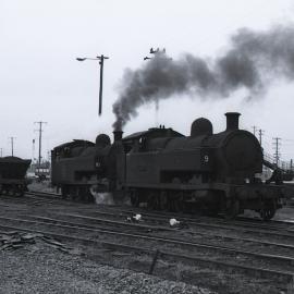 Locomotive No. 10 'Richmond Main' transfers No. 9  'Pelaw Main'  to loco shed after arriving from South Maitland Railways, Richmond Vale Railway, 9 February 1973