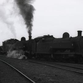Locomotive No. 10 'Richmond Main' transfers No. 9  'Pelaw Main'  to loco shed after arriving from South Maitland Railways, Richmond Vale Railway, 9 February 1973