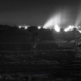 Night time shot of ROD 23 at Loco shed, Hexham, NSW, Richmond Vale Railway, April 1973