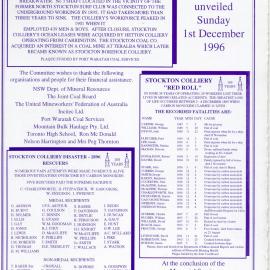 Information about commemorative plaques unveiled on 1 December 1996 for the victims and rescuers of the Stockton Mine disaster of 1896