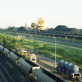 Looking towards the stackers and reclaimers with the cripple siding and sand siding in the foreground, Kooragang, NSW