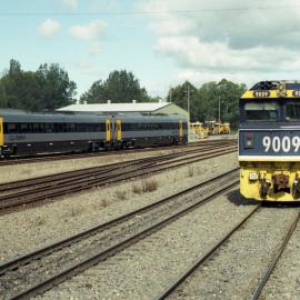 9009 and two classmates at the front of unit 4 wait for the road at Maitland as an Endeavour set heads back to Newcastle