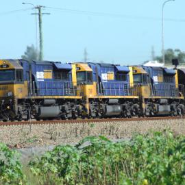 TT101, TT104 and TT110 on unit 13 drift through Maitland on their way to Kooragang, NSW, 8 April 2017