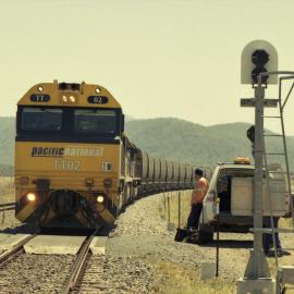 TT02 has pulled to a stand at the up starting signal at Sandy Hollow for a crew change, January 2014