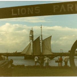 Tall ship seen from Lions Park, Stockton, NSW, [1988]