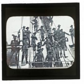 Soldiers on rigging of ship, location unknown, [n.d]