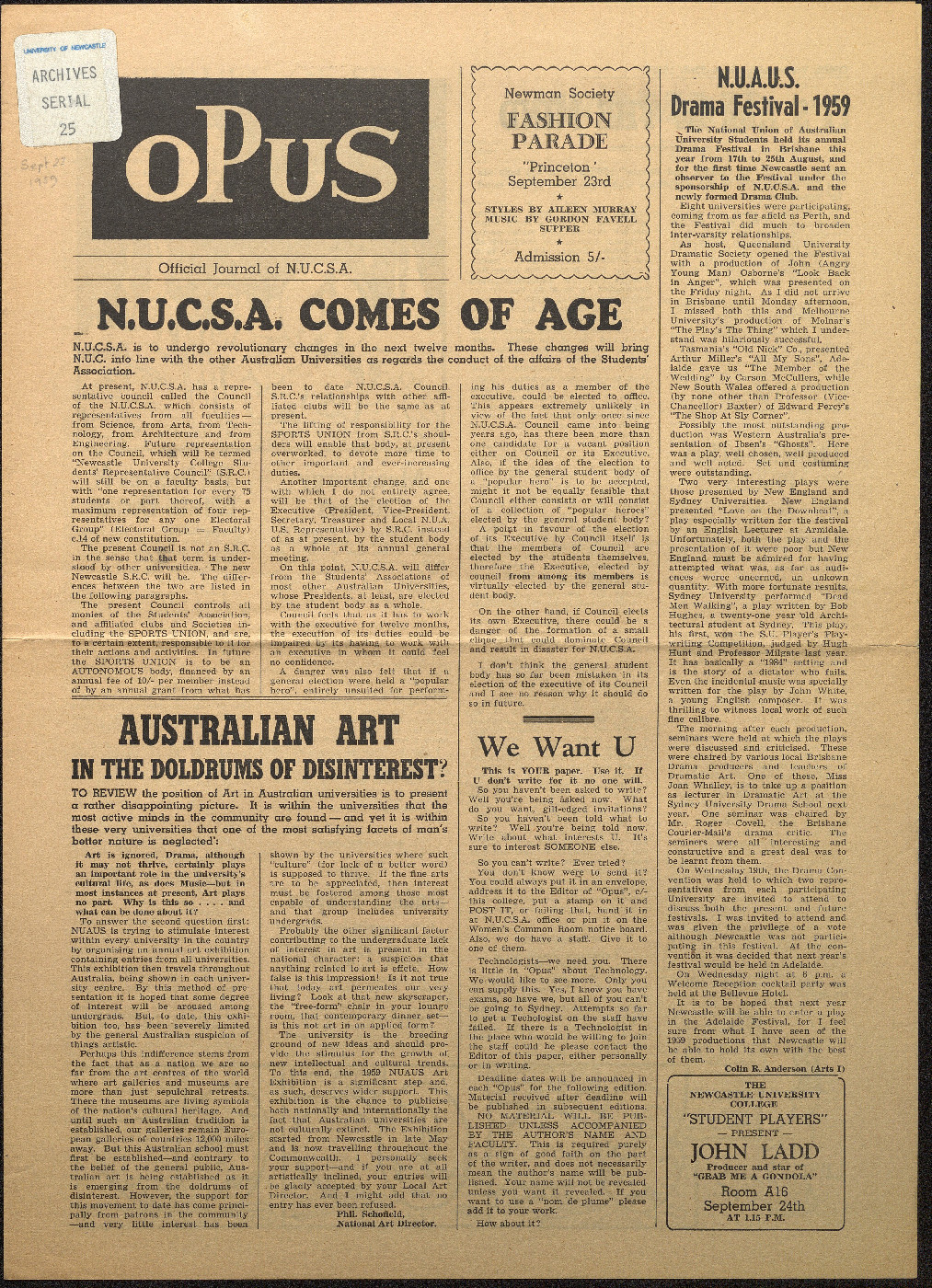 OPUS Official Journal of N.U.C.S.A. September 23, 1959. | Living Histories